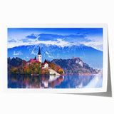 Scenic Slovenia landscape on rolled canvas featuring muted green and blue tones, suitable as art wall for dining room.