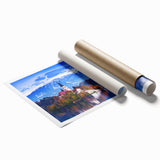 Extra large rolled print of a Slovenian landscape with vibrant greens and floral elements.