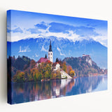 Lake Bled, Slovenia landscape on large stretched canvas with serene blue and green tones, suitable for kitchen wall art.