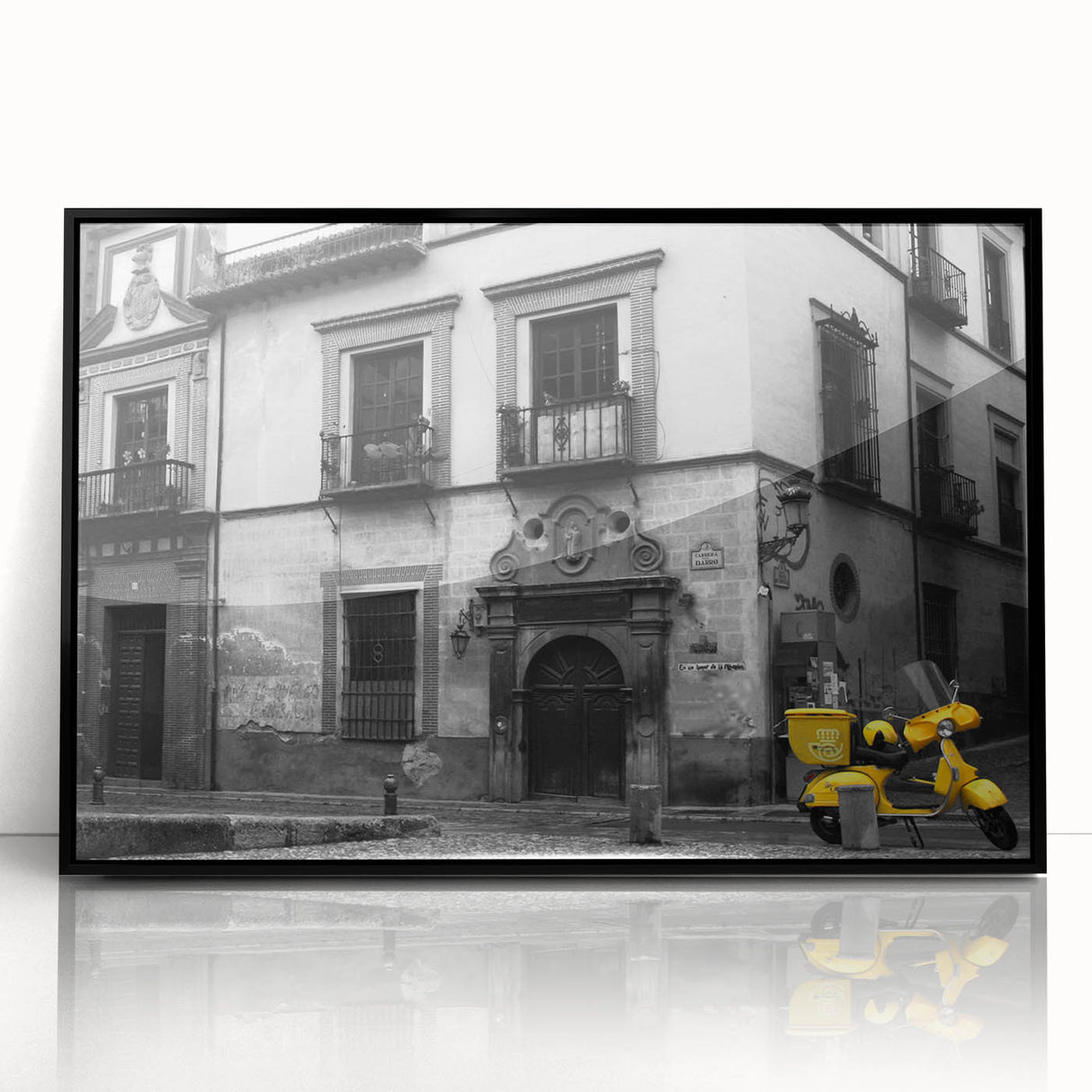 Large abstract wall art depicting a vibrant Andalucian landscape in mid-century modernist style, framed in black acrylic.