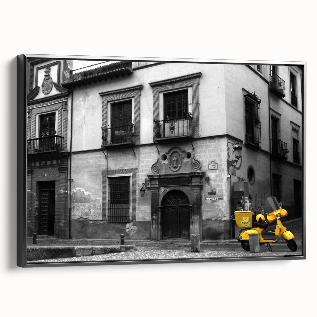 Black and white landscape art painting of Andalucia, Spain on framed canvas, suitable for bedroom decor.