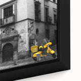 Framed canvas featuring a textured depiction of Andalucian scenery in Spain, with a black background and colorful elements.