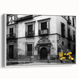 Framed canvas depicting a vintage style landscape of Andalucia, Spain, in monochrome tones, ideal for bedroom wall art.