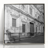 Mid-century modernist art of Barcelona skyline in muted gray tones on framed acrylic, suitable for modern art wall decor.