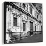 Black and white wall art of Barcelona landscape on framed canvas, ideal for bedroom decor.