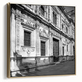 Framed canvas of a vintage-style Barcelona landscape in silver and gold tones, ideal for bedroom wall art.