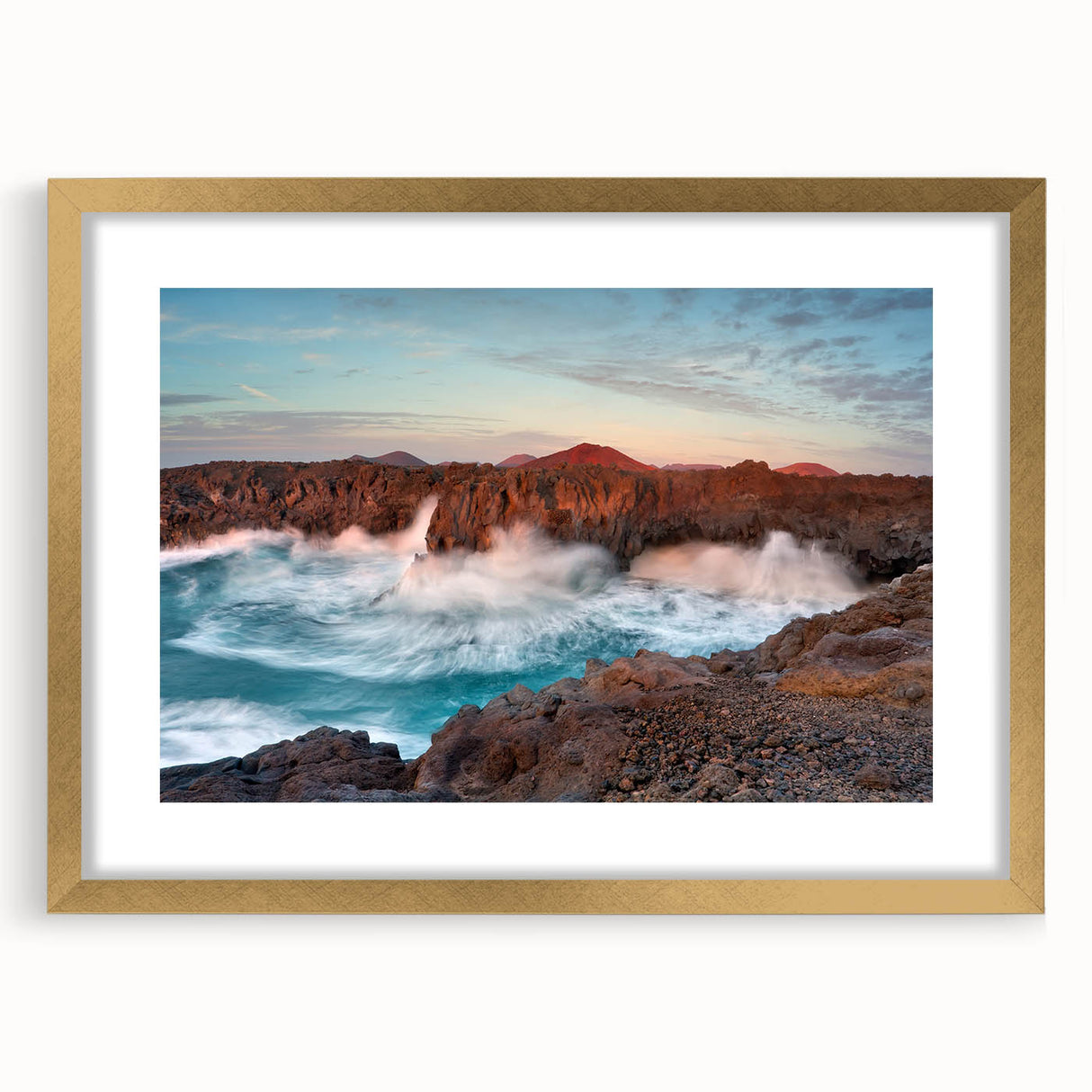 Abstract art print of a European scenery with gold frame and mat, featuring muted earth tones, ideal for dining room decor.
