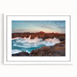 Textured abstract art print of a European scenery in muted earth tones on a framed white mat, ideal for bedroom art.