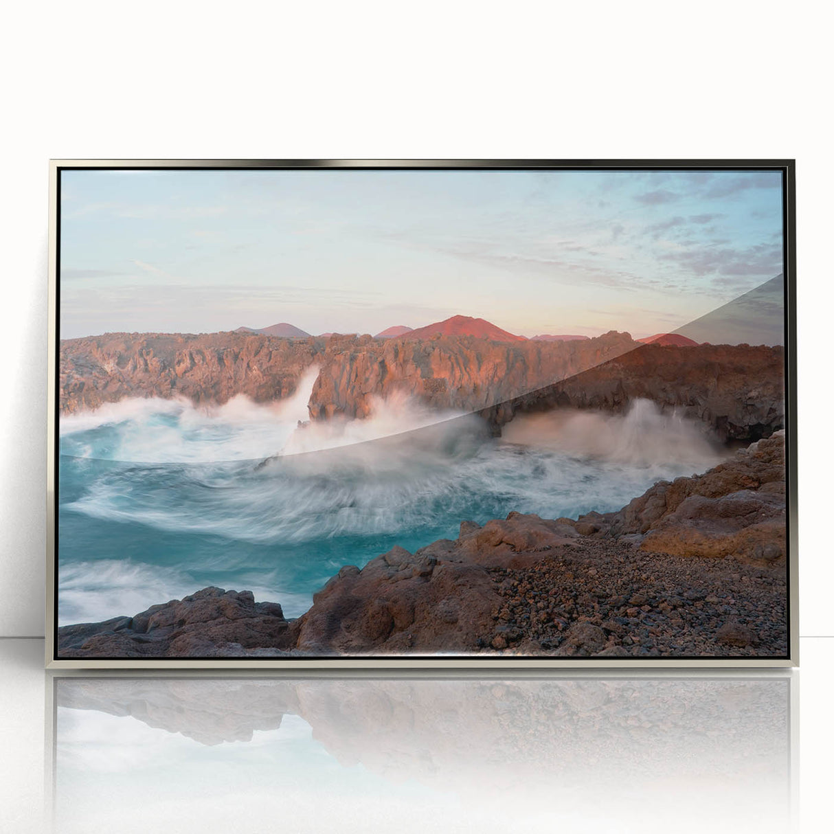 Large art print of a Canary Islands scenery in muted tones on a silver-framed acrylic, ideal for modern art wall decor.