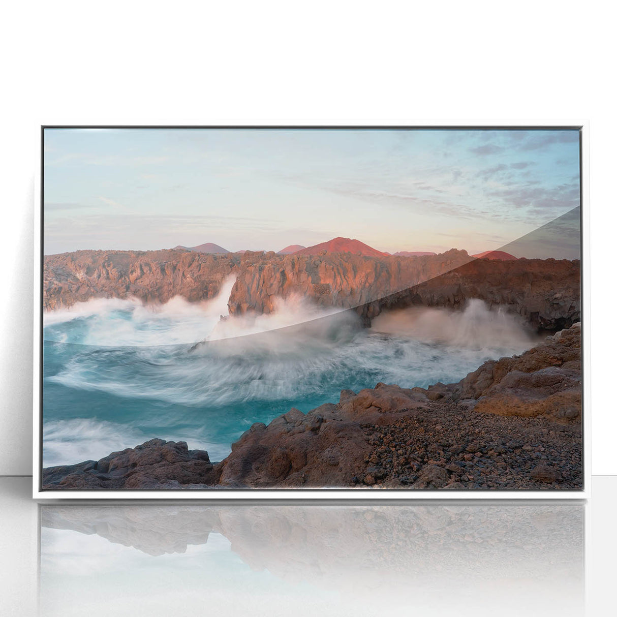 Mid-century modernist art of a scenic European landscape in muted earth tones on a framed acrylic print.