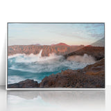 Mid-century modernist art of a scenic European landscape in muted earth tones on a framed acrylic print.