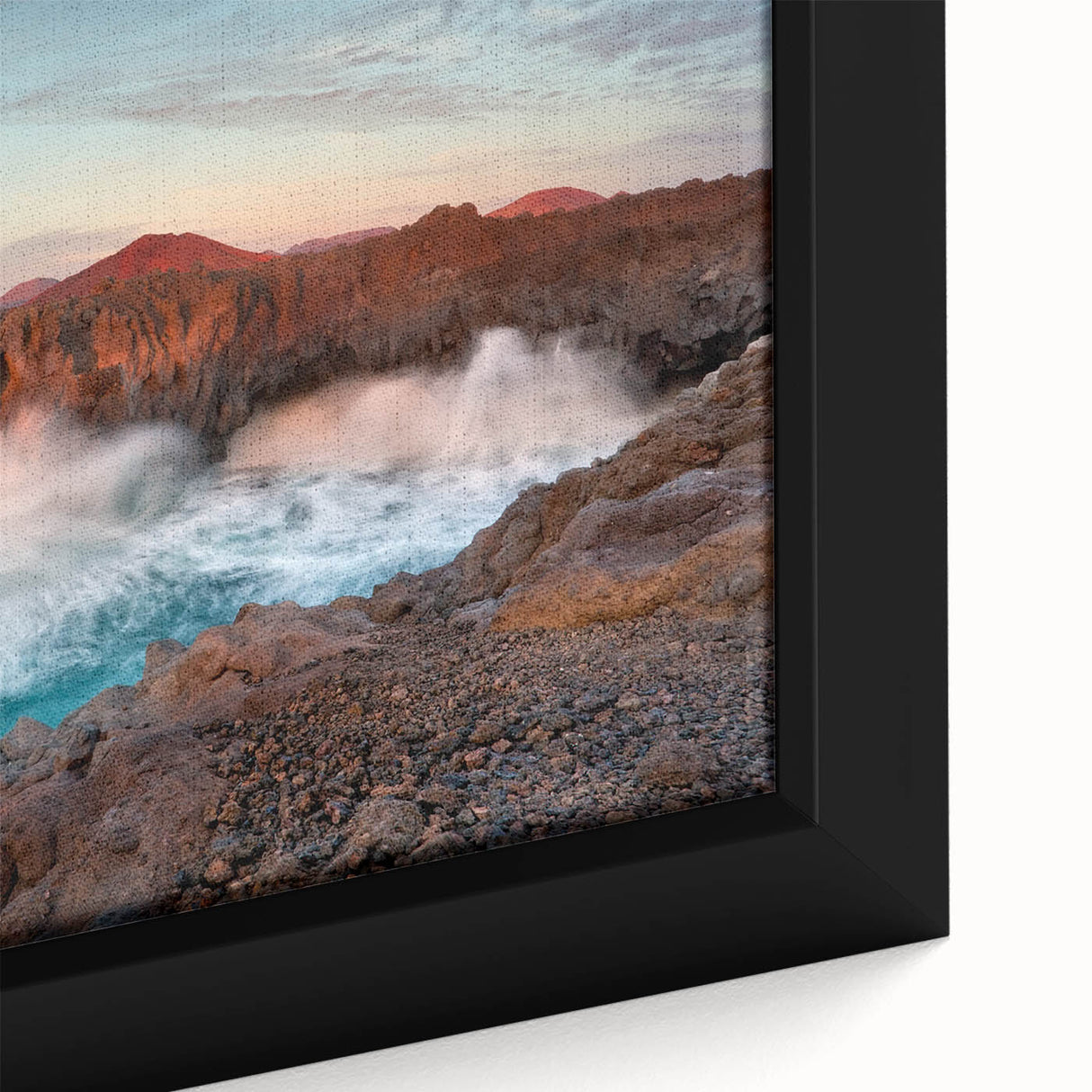 Extra large framed canvas featuring a textured, colorful depiction of a European scenery, ideal for living room decor.