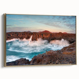 Framed canvas depicting a vintage-style landscape of the Canary Islands in black and gold tones, ideal for bedroom wall art.
