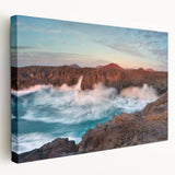 Side view of a stretched canvas featuring a scenic European landscape in vibrant greens and blues.