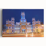 Black and white large art print of Madrid's cityscape on stretched canvas, ideal for kitchen wall art.