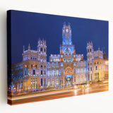 Side view of a stretched canvas featuring a detailed Madrid cityscape in muted earth tones, suitable for kitchen wall art.