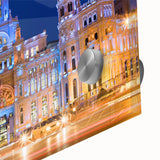 Large abstract depiction of Madrid with vibrant orange and blue tones on acrylic glass, ideal for dining room art.