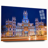 Large abstract wall art of Madrid scenery in muted earth tones on acrylic glass, ideal for bedroom or dining room decor.