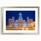 Extra large abstract art print of Madrid scenery in muted earth tones on a framed canvas, ideal for living room decor.