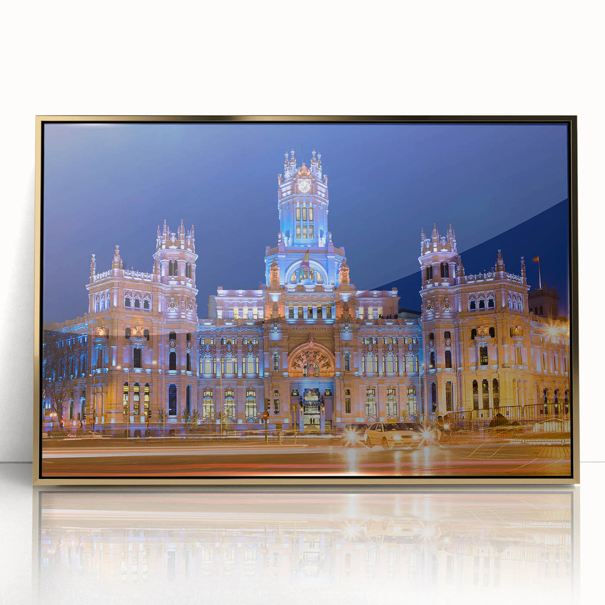 Large art print of Madrid skyline in gold acrylic frame, featuring mid-century modernist style with muted earth tones.