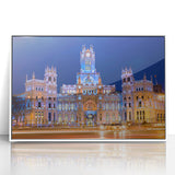 Acrylic print of Madrid scenery in art deco style with muted earth tones, ideal for modern art wall decor.