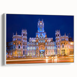Extra large black wall art depicting a textured Madrid cityscape on framed canvas, ideal for living room decor.