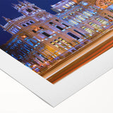 Art deco poster of Madrid skyline in muted beige and brown on rolled canvas, suitable for dining room decor.