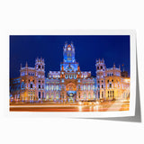 Madrid cityscape with floral accents in soft pastel colors on a rolled print, suitable for art wall dining room.