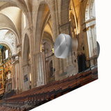 Mid-century modernist acrylic print of an abstract Valencia cityscape in earthy tones, ideal for dining room art.