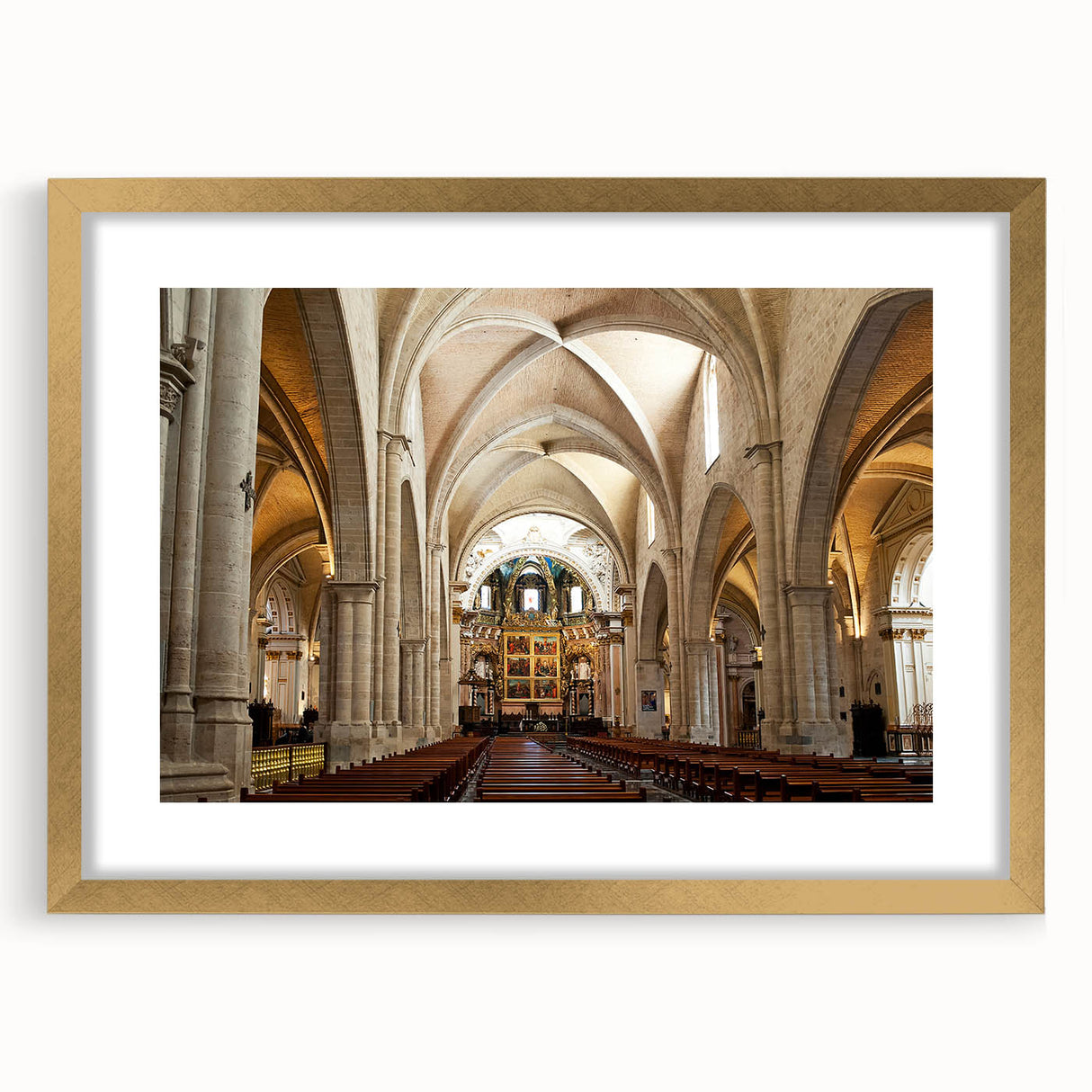 Extra large abstract art print of Valencia scenery in textured style with muted gold and earth tones, framed with a gold mat.