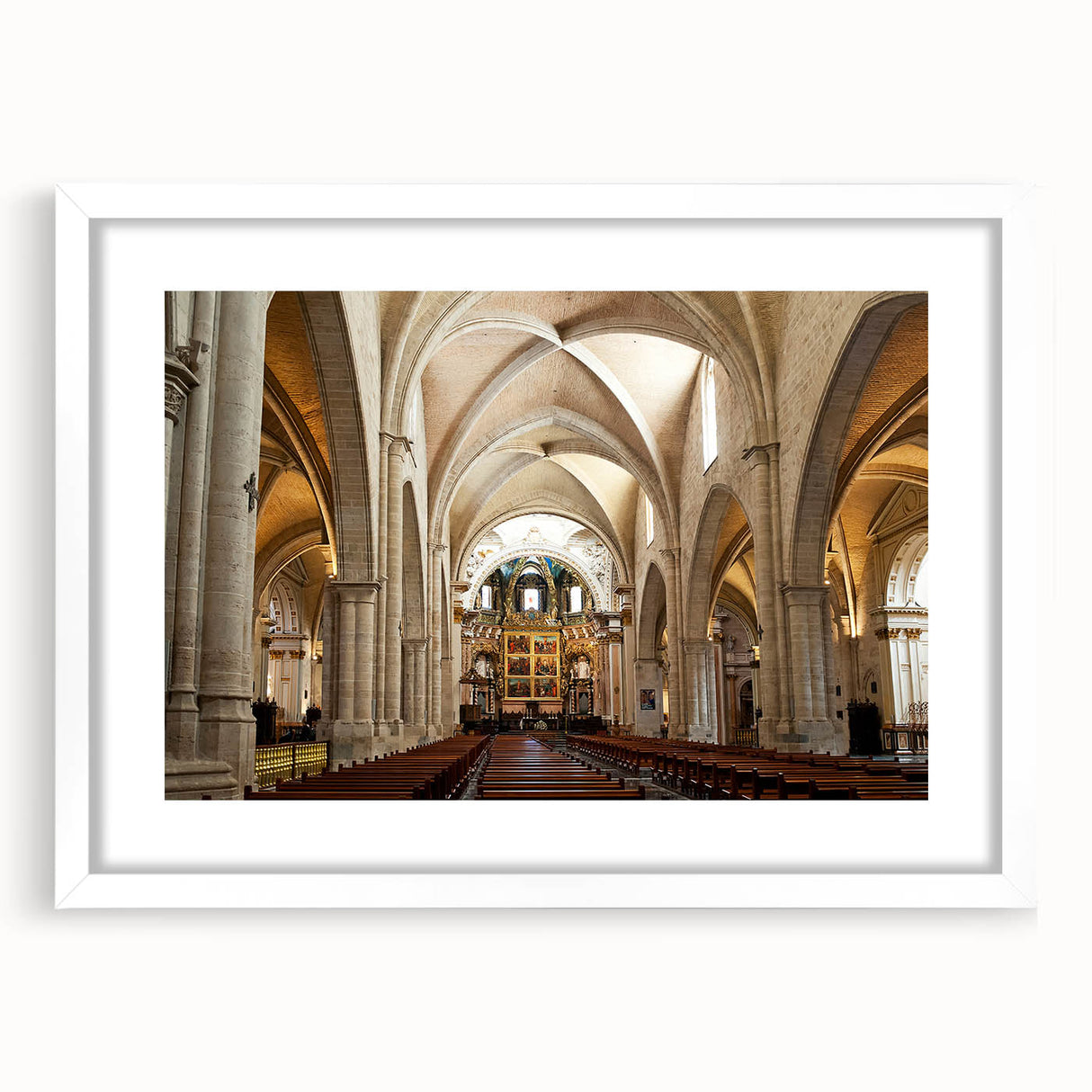 Abstract art print of Valencia scenery in muted earth tones on a white framed mat, suitable for dining room decor.