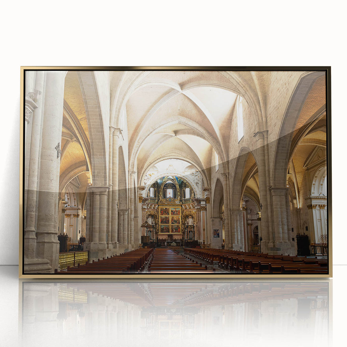 Large acrylic print of a mid-century modernist Valencia cityscape in golden tones, ideal for modern art wall decor.