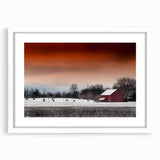 Abstract art print of Stockholm scenery in muted blue and gray tones on a white-framed canvas.