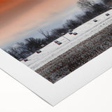 Art deco poster featuring a panoramic view of Stockholm in muted blue and gold tones, printed on rolled canvas.