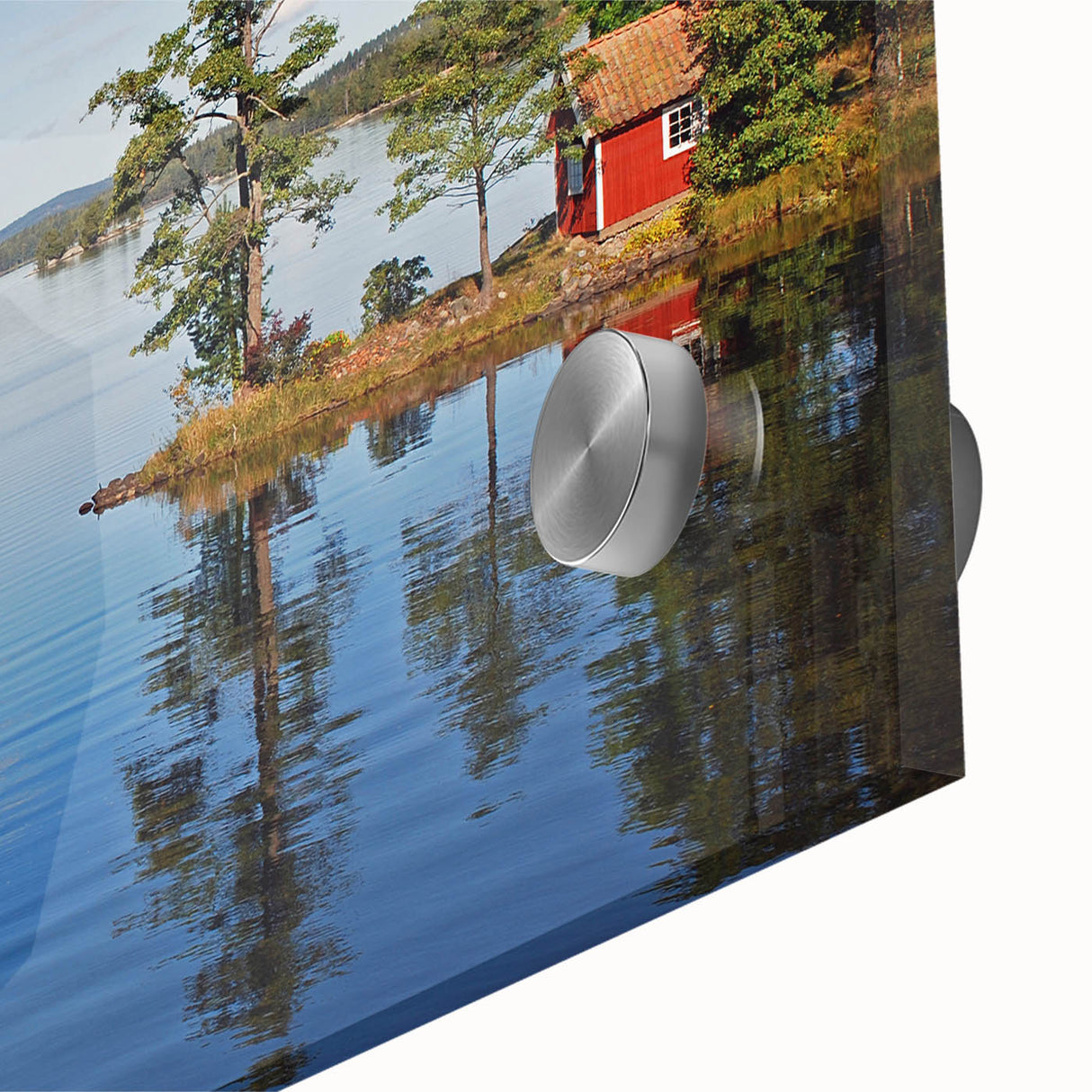 Large abstract wall art depicting a Scandinavian landscape in muted earth tones on acrylic glass.