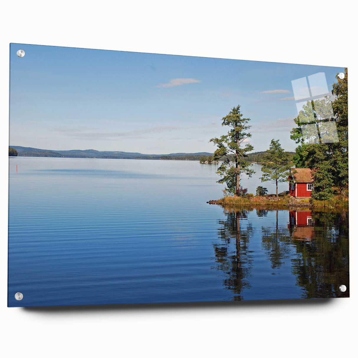 Acrylic glass print of a serene Swedish landscape, in soft blue and green tones, suitable for bedroom or dining room decor.