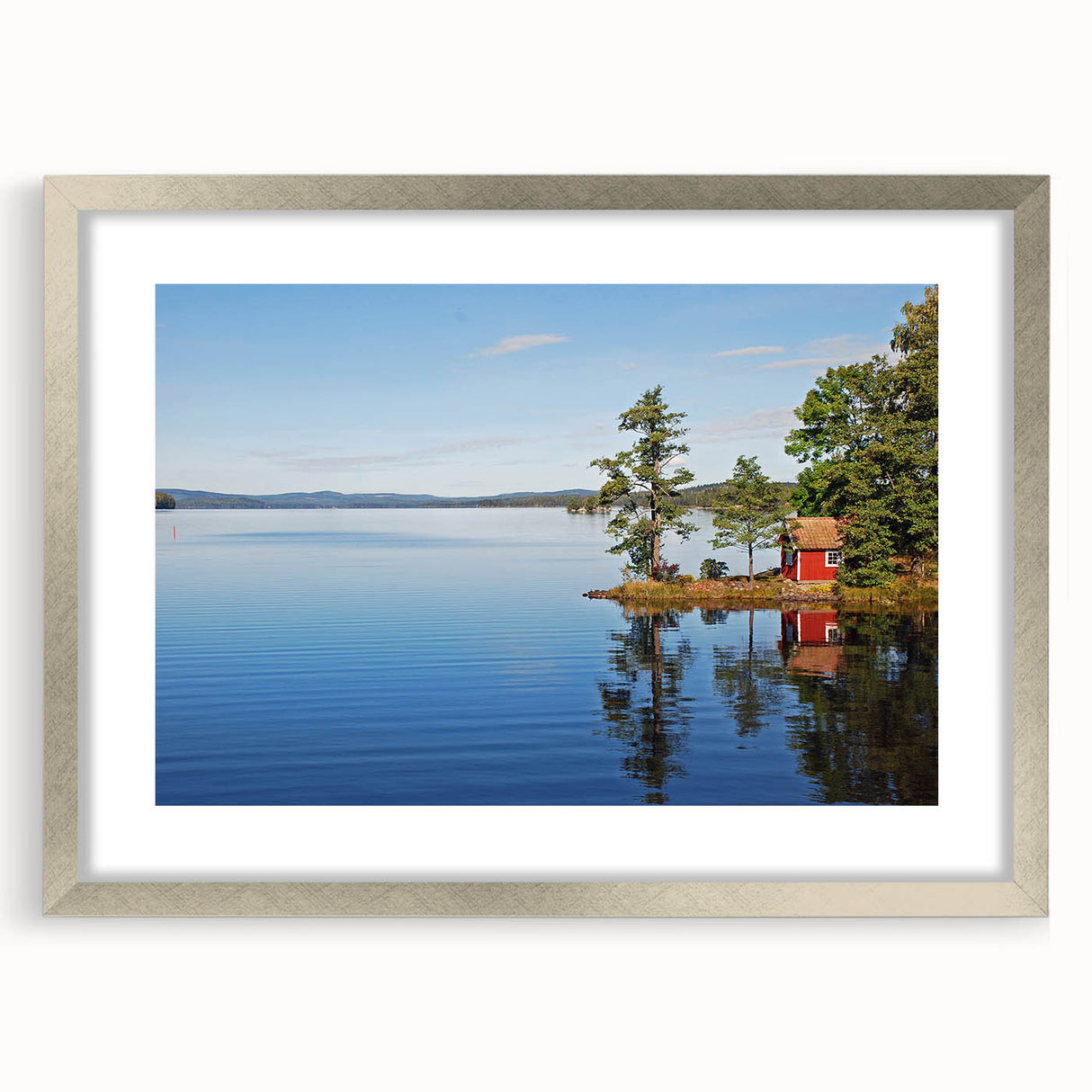 Textured abstract art print of a European scenery in silver frame with mat, featuring cool blue and gray tones.