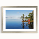 Textured abstract art print of a European scenery in silver frame with mat, featuring cool blue and gray tones.