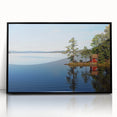 Large abstract wall art depicting a serene Swedish landscape in muted green and blue tones, framed in black acrylic.