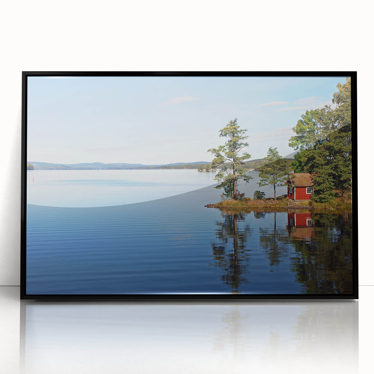 Large abstract wall art depicting a serene Swedish landscape in muted green and blue tones, framed in black acrylic.