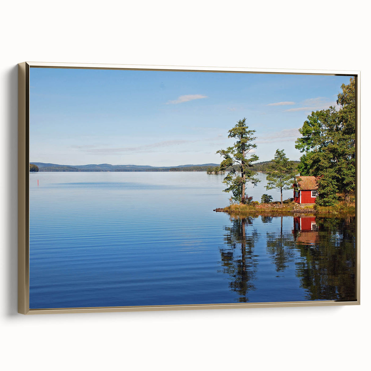 Framed canvas featuring a vintage-style landscape painting of a serene Swedish countryside, ideal for bedroom wall art.