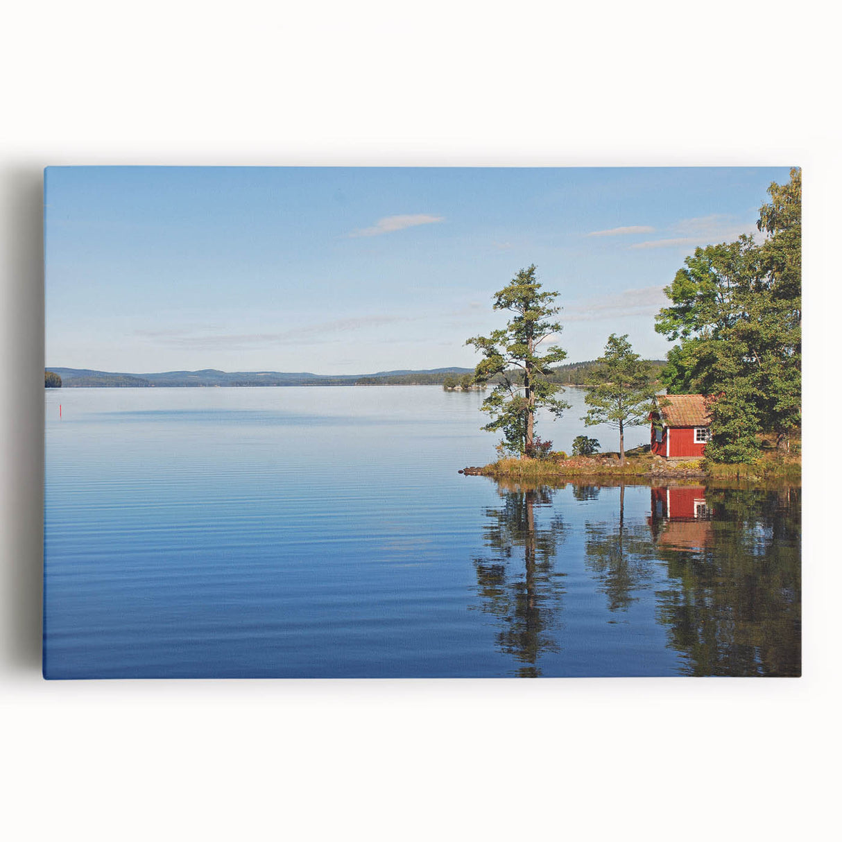 Black and white photograph of a serene Swedish landscape on stretched canvas, suitable for kitchen wall art.