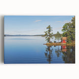 Black and white photograph of a serene Swedish landscape on stretched canvas, suitable for kitchen wall art.