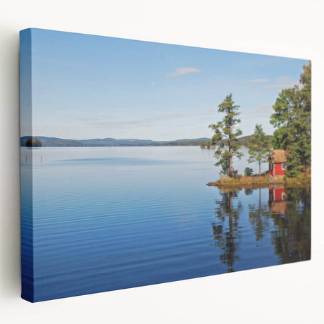 Scenic landscape of a Swedish countryside on large stretched canvas, in muted earth tones, ideal for kitchen wall art.