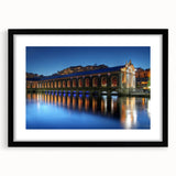 Extra large textured abstract art print of colorful Geneva scenery on a black framed canvas, ideal for living room decor.