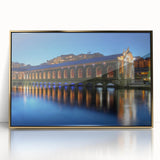 Framed acrylic print of Geneva skyline in muted earth tones, ideal for modern art wall decor.