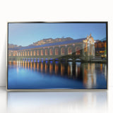 Mid-century modernist art of Geneva scenery in muted gray and blue tones on a framed acrylic, ideal for nursery wall decor.