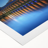 Art deco poster of Geneva scenery on rolled canvas, featuring cool blue and gray tones, ideal for dining room wall art.