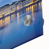 Acrylic print of a large abstract depiction of a European Swiss landscape in mid-century modernist style.