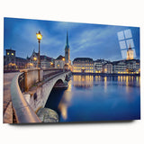 Acrylic print of a serene Swiss landscape, featuring lush greens and blues, ideal for bedroom or dining room decor.